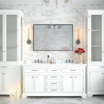 Miroir de salle de bain noir lustré 36x30inch pour mur - verre flottant HD, cadre décoratif moderne en alliage d'aluminium à coins carrés, vue