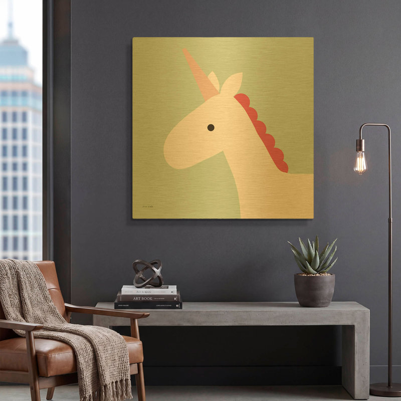 «Unicorn» par Ann Kelle, art mural en métal doré, 36 po x 36 po, 36 po x 36 po
