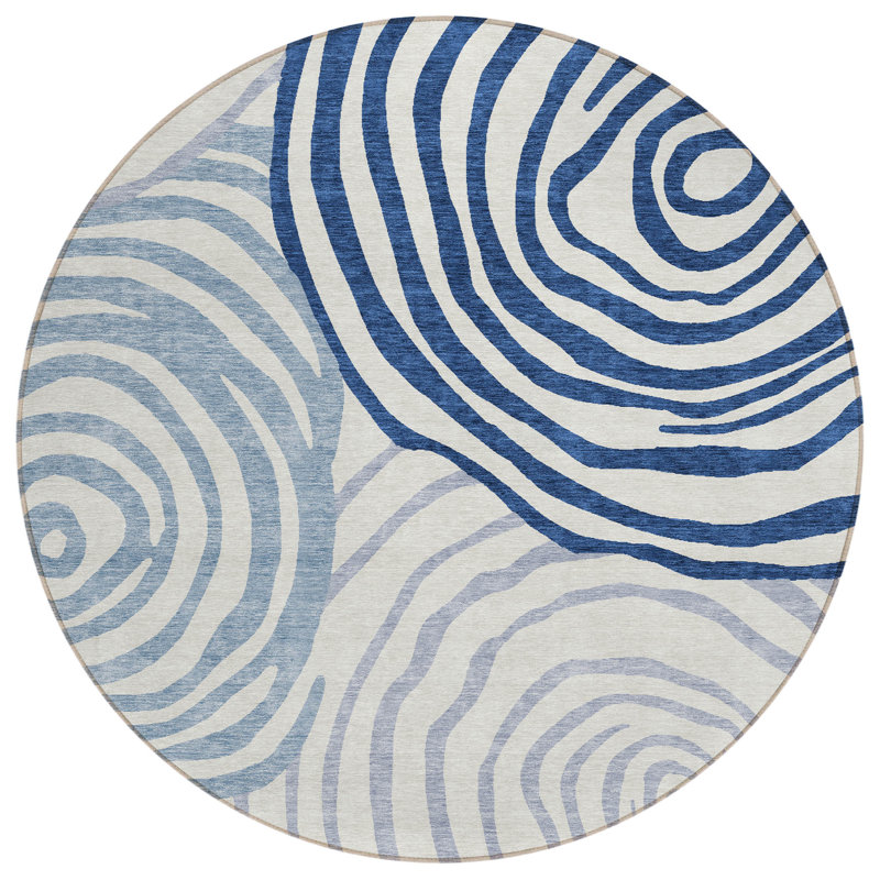 Tapis intérieur rond lavable abstrait ivoire et bleu marine 8 pi