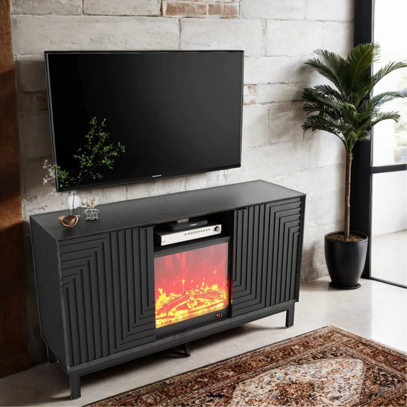 Mid Century Modern TV Stand With Fireplace And Functional Storage