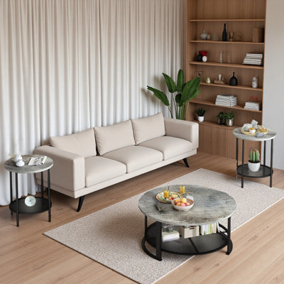 Ensemble de tables basses rondes 3 pièces avec 2 tables de bout, table gigogne moderne avec tablette de rangement, structure en métal noir et plateau en bois, mobilier d'appoint industriel pour salon, chambre à coucher, petit espace
