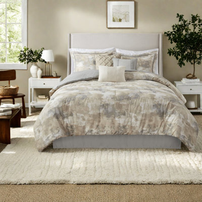 Ensemble de literie luxueux en mélange de coton 7 pièces, design gris moderne