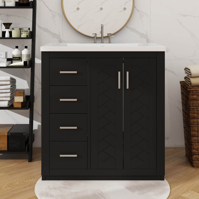 Armoire de salle de bain moderne autoportante simple 30 po avec 3 tiroirs spacieux, Noir, Argent argent