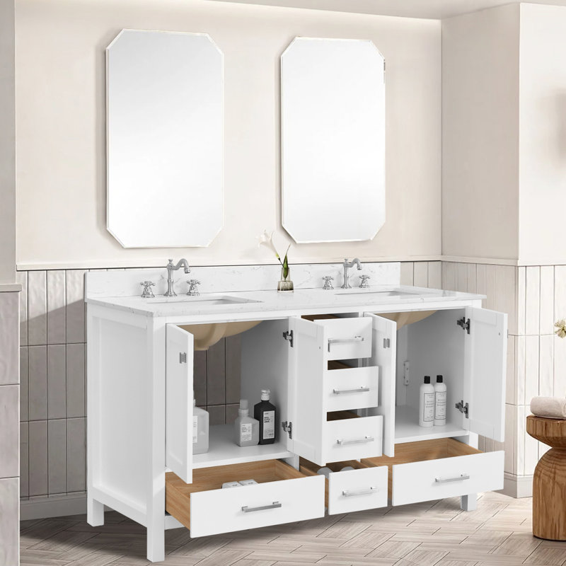 Meuble-lavabo autoportant de 60 pouces avec lavabo double, bois massif, fonction de fermeture en douceur, conception blanche légère pour une ambiance sophistiquée