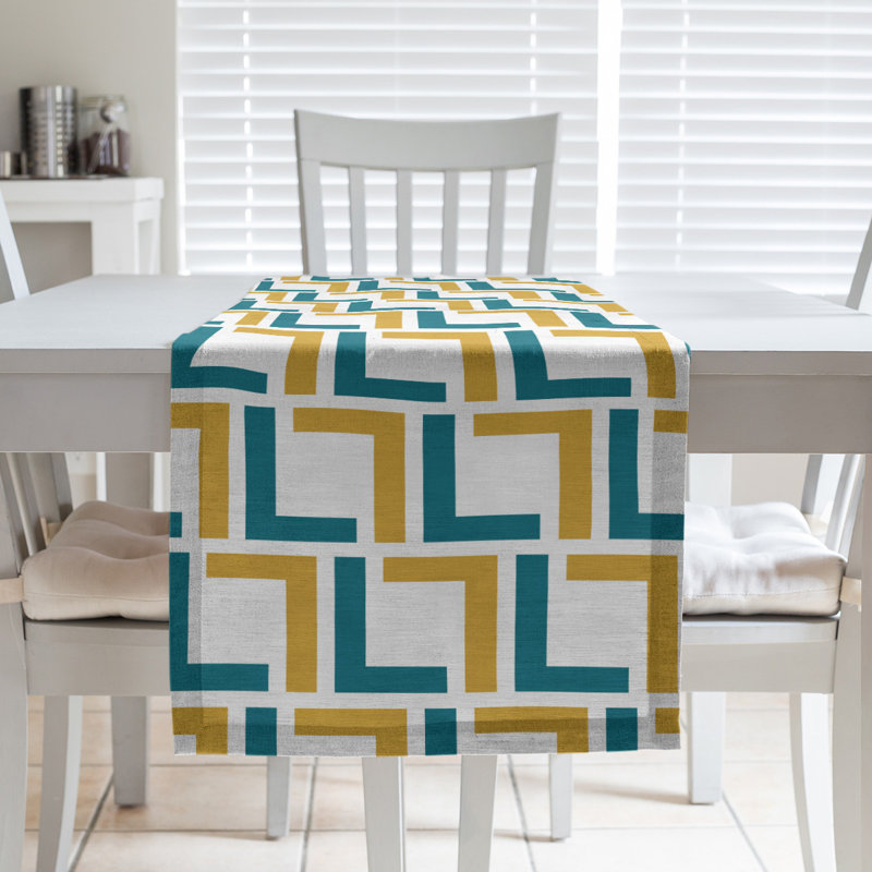 Chemin de table Carolina, 90 po x 16 po, Coton, Noir / bleu sarcelle / blanc