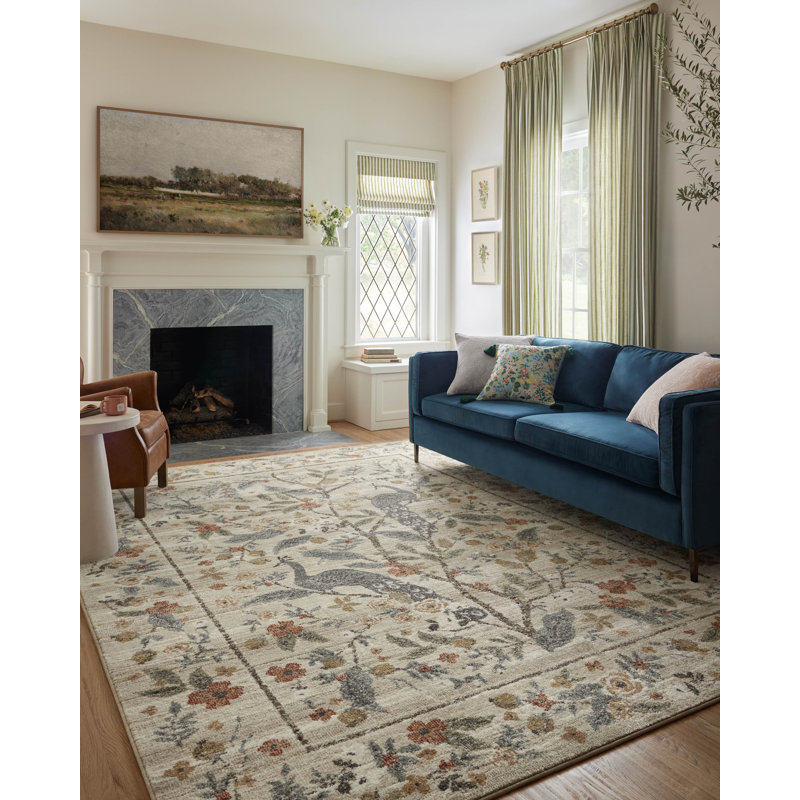 Cream Floral Wool and Synthetic Small Area Rug 3'-11" x 5'-7"