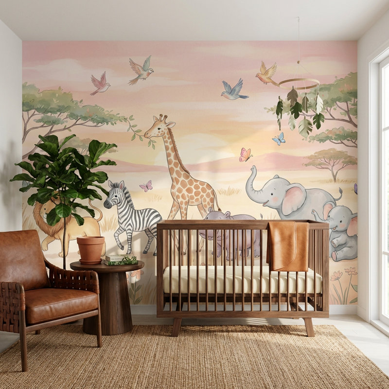 Papier peint animaux pastel Safari, Non tissé non collé, 140" x 108"