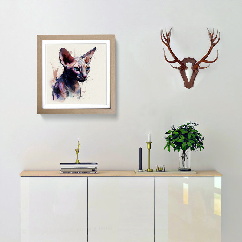 Sphynx Cat Gestural Art - Framed Print, Oak