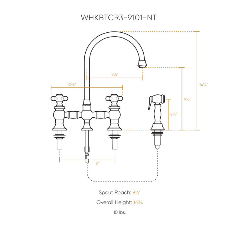 Whitehaus Collection Bridge Faucet with Long Gooseneck Swivel Spout, Lever Handles and Solid Brass Side Spray, Cross Handle