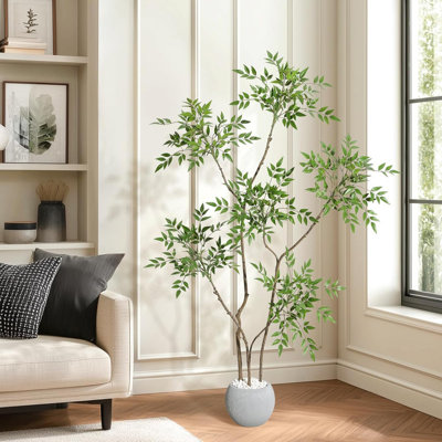 5/6/7ft Artificial Nandina Tree in Pot - Faux Floor Plant with White Planter for Home Office Decor