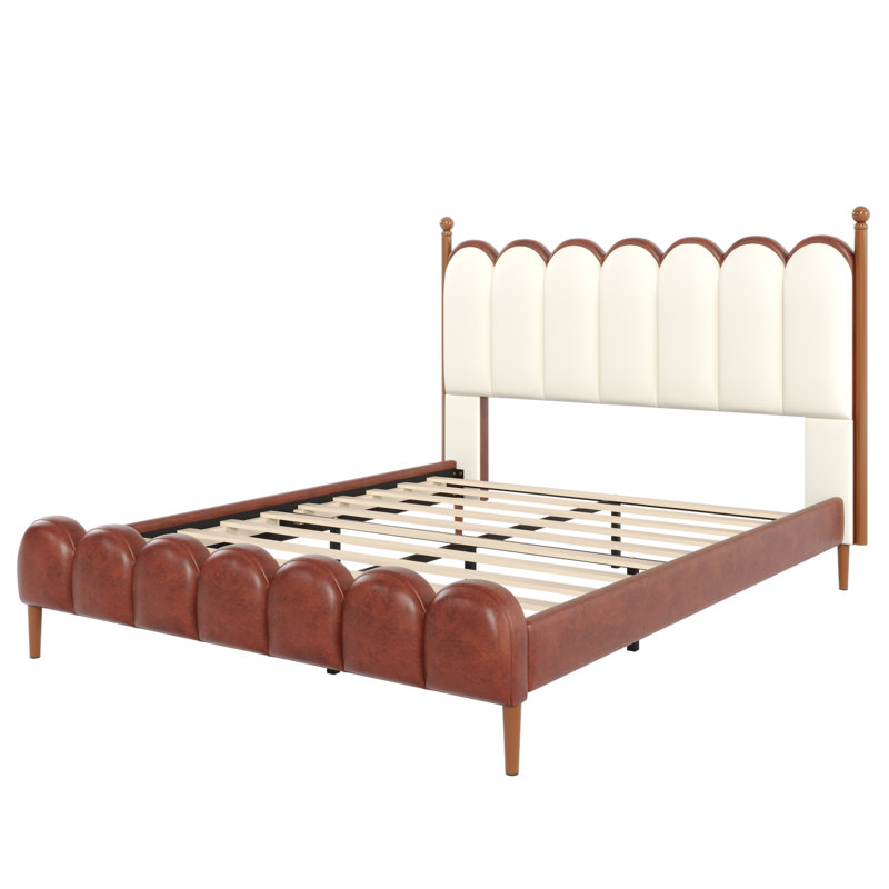 Zechariah PU Leather Upholstered Platform Bed, Queen, Beige/Brown