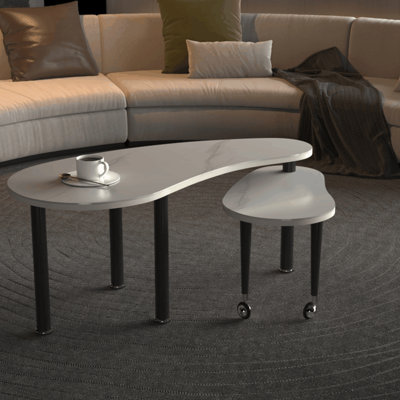 Table basse contemporaine rotative avec pieds en bois d'hévéa massif, table basse rotative à 360 degrés avec plateau en pierre frittée blanche de 6 mm pour le salon