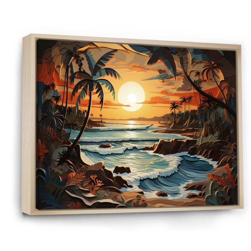 Coastal Collage At Sunset I - Décoration murale moderne, H 12 po x l 20 po x P 1 po, Cadre flottant brun