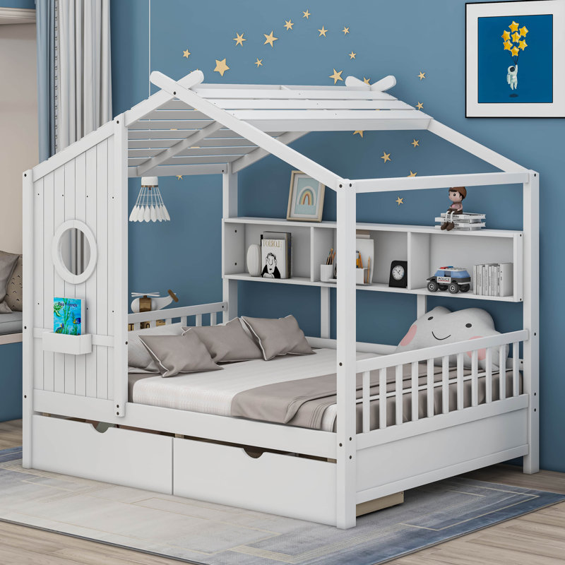 Lit maison en bois Lompico, Blanc, Double