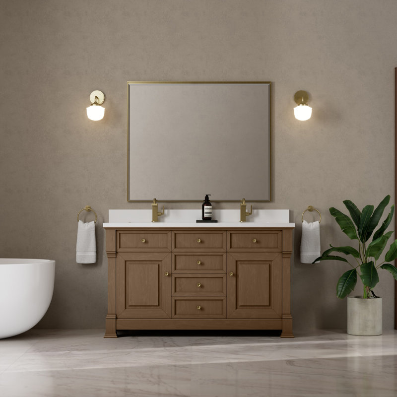 Brookfield 60'' W Double Vanity, Single Hole, Pecan, White Zeus