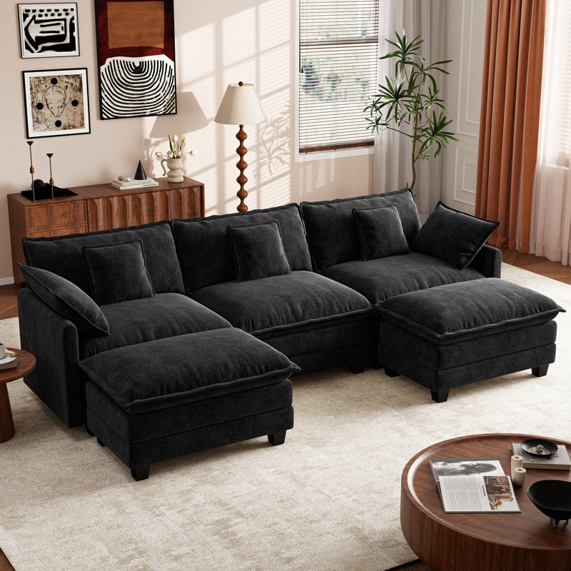 George  111.5" Modern 5 Seat Chenille U Shaped Modular Sectional Sofa With Two Ottomans, Black