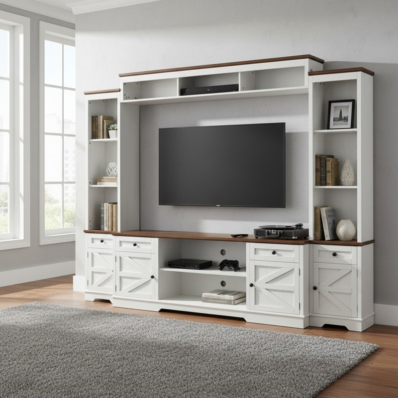 Entertainment Center For Tvs Up To 80", Bookshelf Wall Console, Two-Tone , Modern Farmhouse, Living Room Storage System