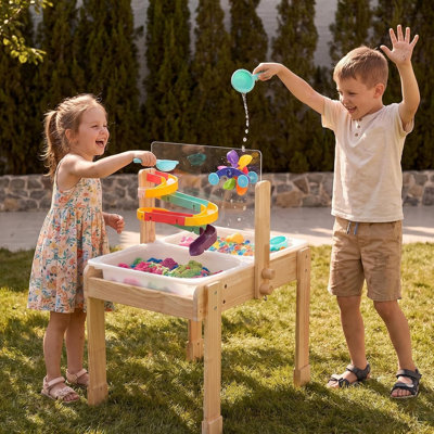 Sand and Water Table for Toddlers, 4 in 1 Kids Wooden Sensory Activity Table with 2 Storage Bins, Painting Acrylic Board, Slide Track Toy & Windmill Suction Cups Toy, Beach Accessories