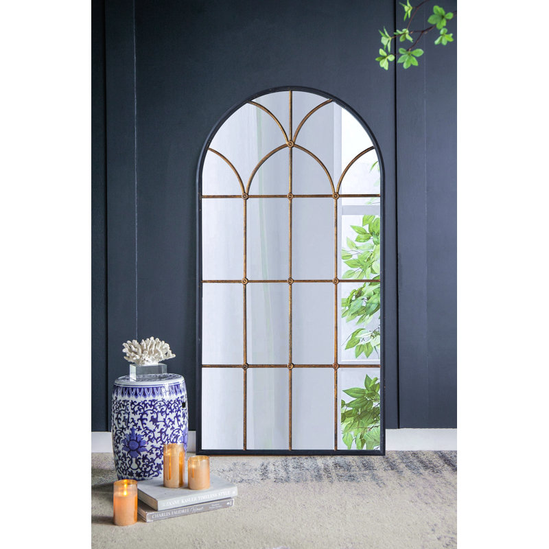 Miroir arqué pleine longueur 34 po x 65,5 po avec motif de vitre noir et doré