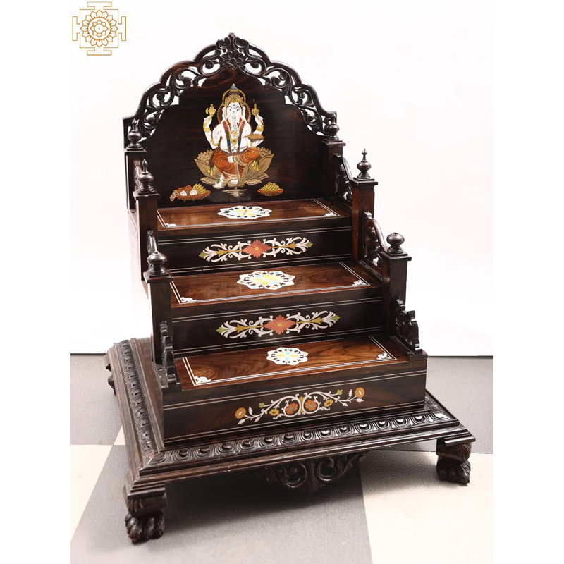 Large Hand-Painted Puja Mandir, 45-Inch Wooden Home Shrine with Storage Drawer
