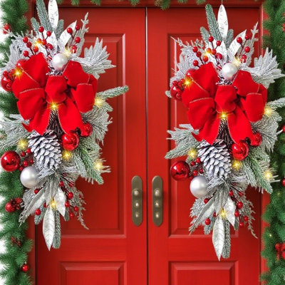 2 pièces décorations d'escalier sans cordon avec lumières et guirlandes de Noël artificielles, guirlande de Noël pour porte, décoration de fenêtre de maison intérieure / extérieure, pile non incluse