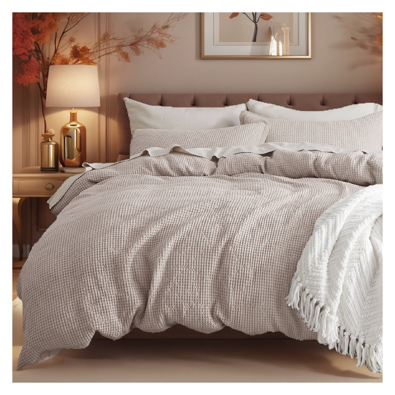 Bedsure Luxury Soft 100% Cotton Waffle Weave Plaid Duvet Cover, King Duvet Cover + 2 King Shams, Linen