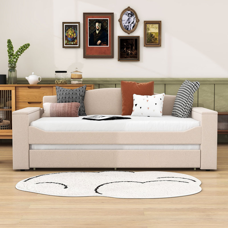 Heorhi Upholstered Daybed with Twin Size Trundle, Pink, Twin