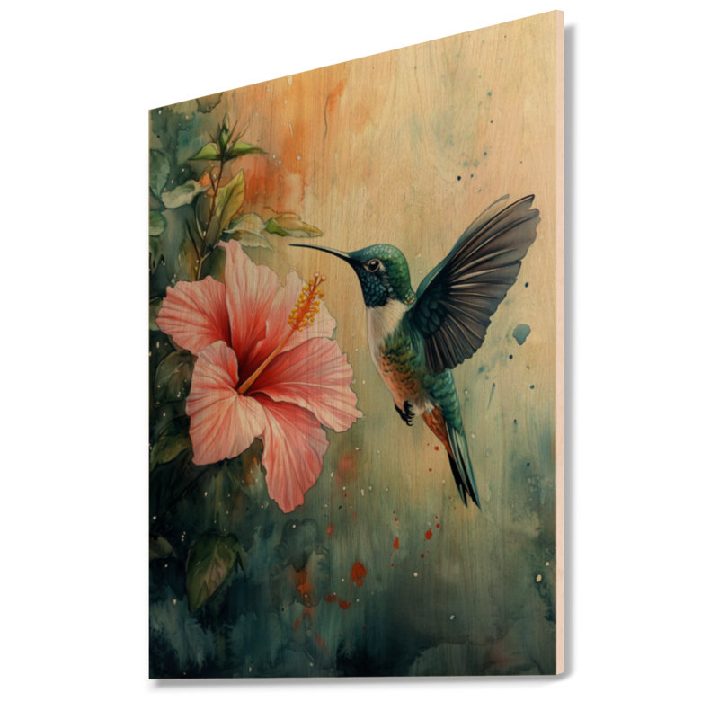 Colibri et hibiscus - décoration murale en bois botanique, 24" H x 18" W, Arche