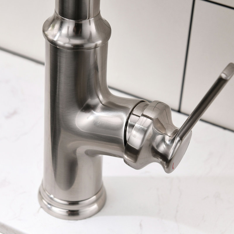 Robinet de cuisine avec douchette rétractable en nickel brossé, hauteur du produit 9,38, rotation à 360 degrés, flux chaud et froid, élégant, largeur 2,09, un trou, design contemporain