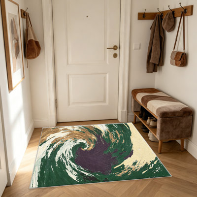 Emerald Green Gold Abstract Swirl area rugs for Living Room, Soft and Comfortable, Suitable for all seasons, easy to maintain, machine washable Indoor floor mat, Under Table Farmhouse suitable for Bedroom, Dining Room, Study, Patio, Balcony, Home Decor