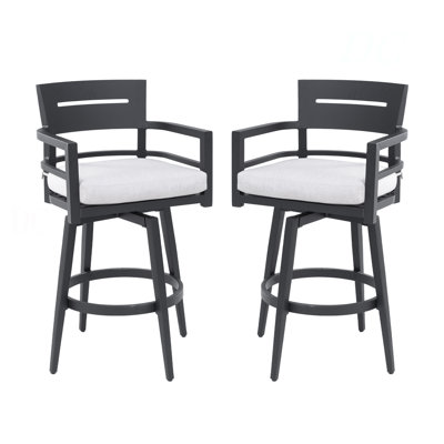 Modern Outdoor 2-Piece Swivel Bar Chairs – Aluminum Frame With Ember Black, 360° Swivel, Ergonomic Backrest & Armrests, Tapered Legs, Sunbrella Cushion, Weather-Resistant & Durable Patio Bar Stool
