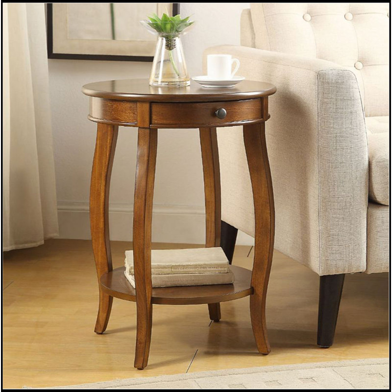 Round Top Accent Table With 1 Drawer And Open Storage, Walnut