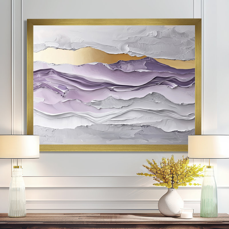 Lavande et pierres, horizon transitionnel I - art mural transitionnel grand, H 30 po x l 40 po, Cadre flottant, Doré