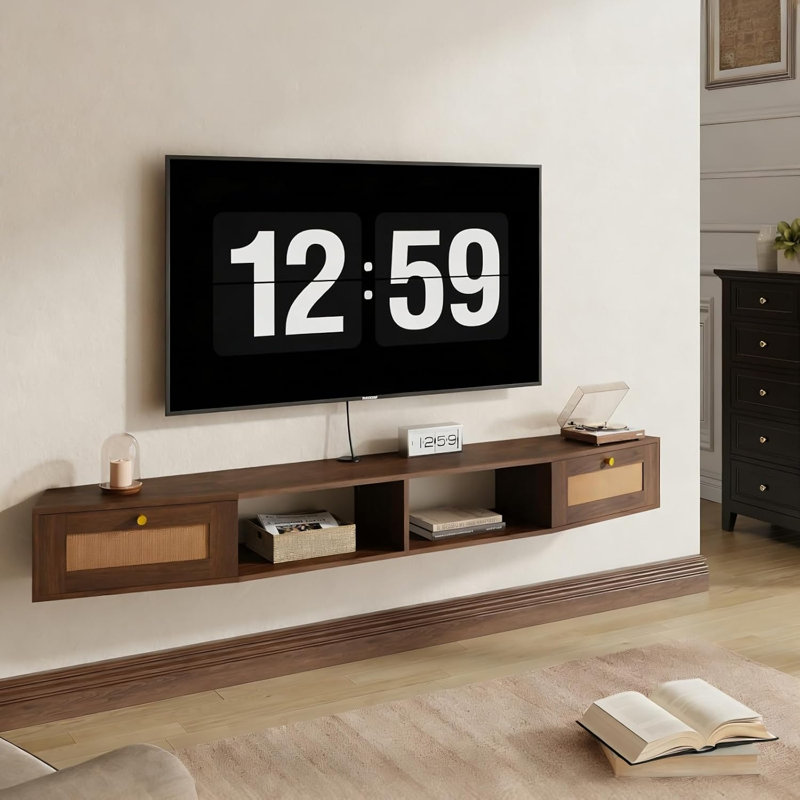 178cm Floating TV Stand – Wall Mounted Unit for TVs up to 80", Featuring 2 Rattan Cabinets and Cable Management Hole, Ideal Large Storage for Living Room, Bedroom, or Office