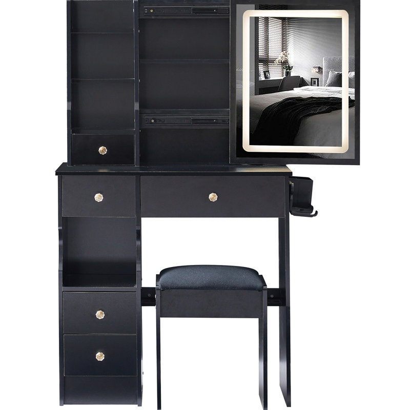 Petit meuble-lavabo de 29,2 po avec tiroir à gauche + tabouret rembourré, 2 blocs d'alimentation CA + 2 ports USB, support pour séchoir à cheveux, très grand miroir à DEL coulissant à contrôle tactile, changement de luminosité tricolore, réglage de la luminosité