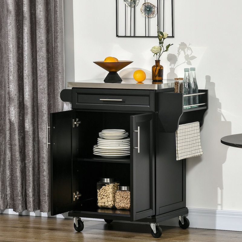 HOMCOM Kitchen Island On Wheels, Rolling Kitchen Cart With Stainless Steel Countertop, Drawer, Towel Rack And Spice Rack, Utility Storage Trolley,