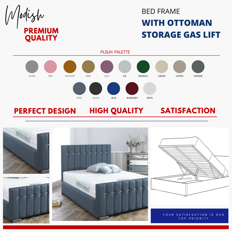 Upholstered Ottoman Storage Bed, Steel, Super King (6')