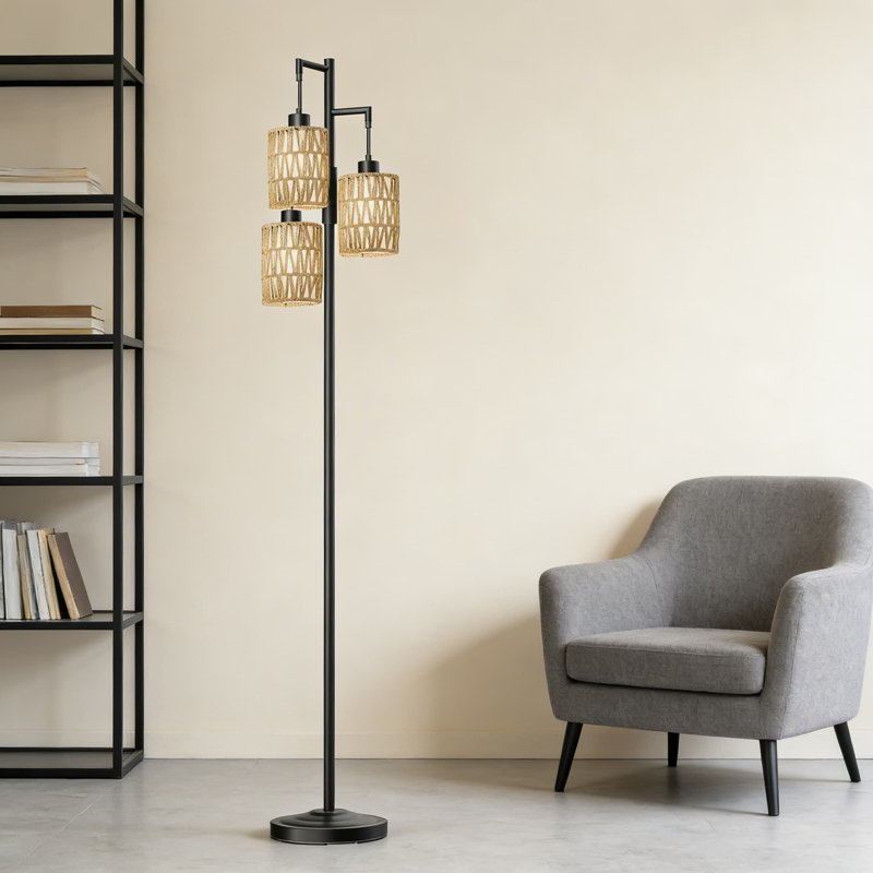 70-Inch Stepless Dimmable Floor Lamp With 3 Lights, Modern Boho Farmhouse Industrial Tree Lamp For Living Room, Bedroom, Office, Study With Rattan And Linen Shades