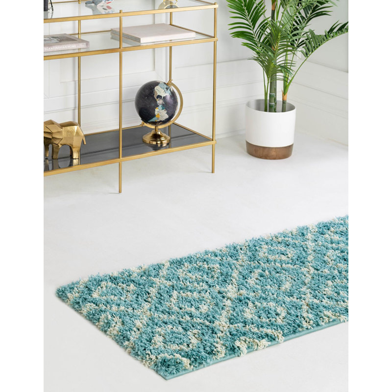 Tapis de couloir contemporain de couleur vert-bleu Annegriet, Tapis de couloir 3 pi 3 po x 5 pi