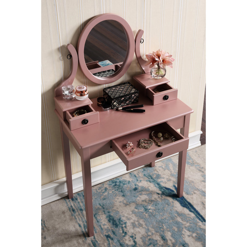 Coiffeuse et tabouret en bois, fini or rose - 3 tiroirs de rangement, miroir ovale réglable, grand plateau pour cosmétiques, tabouret de maquillage avec siège rembourré, tiroirs de rangement, vaste choix de produits de beauté.