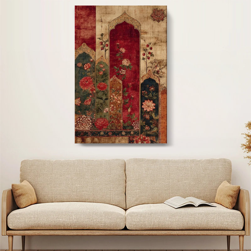 Panneaux botaniques d'inspiration persane avec arches décoratives - Impression d'art mural floral sur toile tendue sur châssis, 91,4 cm (H) x 61 cm (L), prête à être accrochée