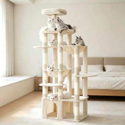 Arbre à chat 71 po pour grand Maine Coon, condo à plusieurs niveaux avec 12 poteaux à griffer et 2 hamacs