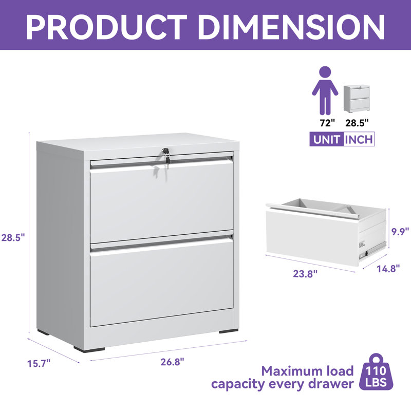 2-Drawer Lateral Filing Cabinet, Compact Wide Storage with 110lbs Capacity, Full-Extension Drawers & Safety Lock, White