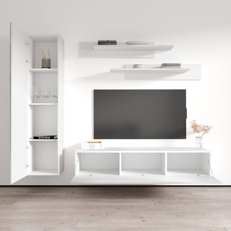 Violette 85" Modern Floating Wall Mounted Entertainment Center with 16-Color LED Lighting, High Gloss Finish, White