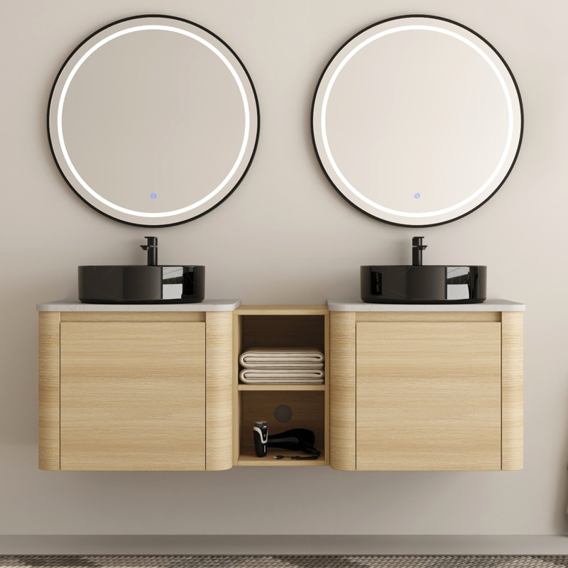 Ensemble de meuble-lavabo double 60 po avec plateau en pierre reconstituée Eaton, 60", Noir / blanc