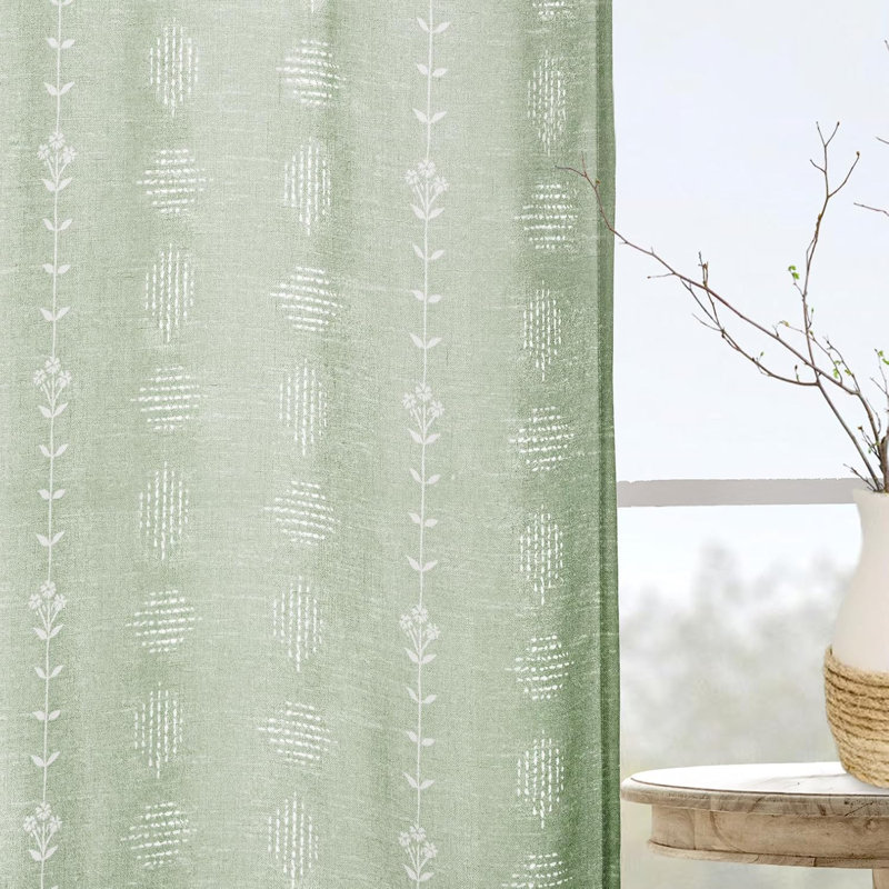 Neutral Curtains For Living Room,Floral Pattern Linen Sheer Country Boho Block Print Farm House Curtains 2 Panels Set, Green