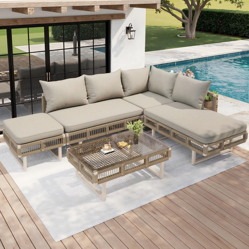 Outdoor Conversation Set 6 Places With 2 Sofas, 1 Corner Chair,1 Stool And 1 Coffee Table Beige