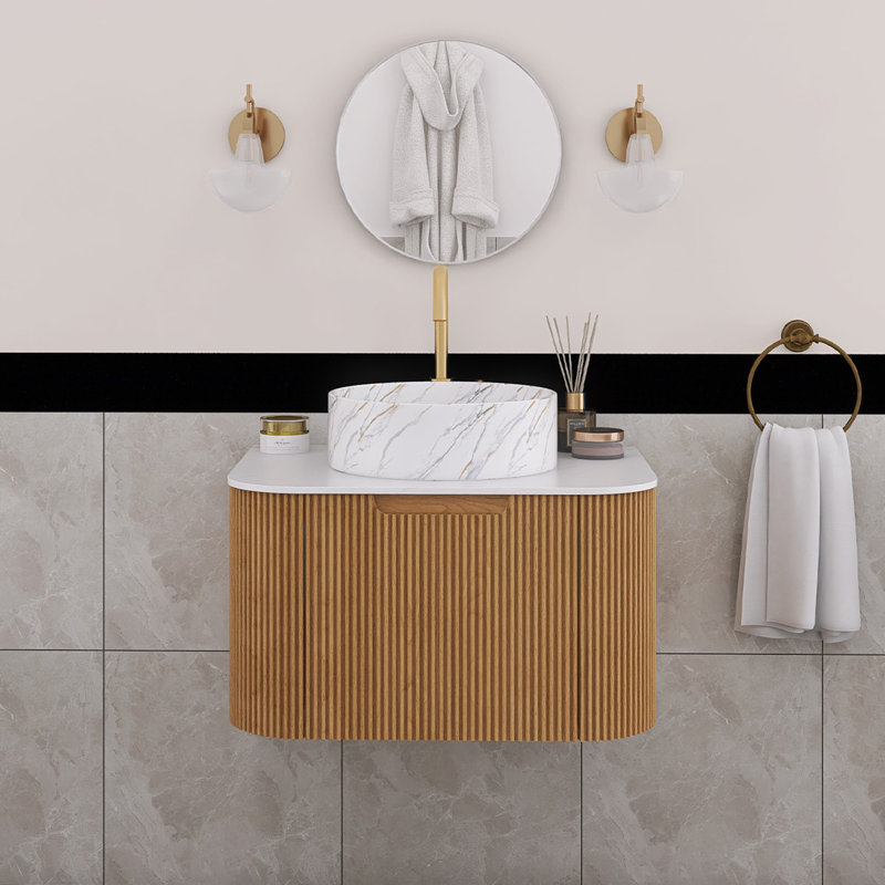 24 po Meuble-lavabo mural simple flottant en bois naturel avec plateau en marbre artificiel, Blanc