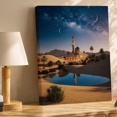 Toile, "Un paysage serein du désert au crépuscule", art mural d'une mosquée ornée avec dôme doré proéminent