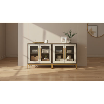 Leather Double Glass Door Cabinet